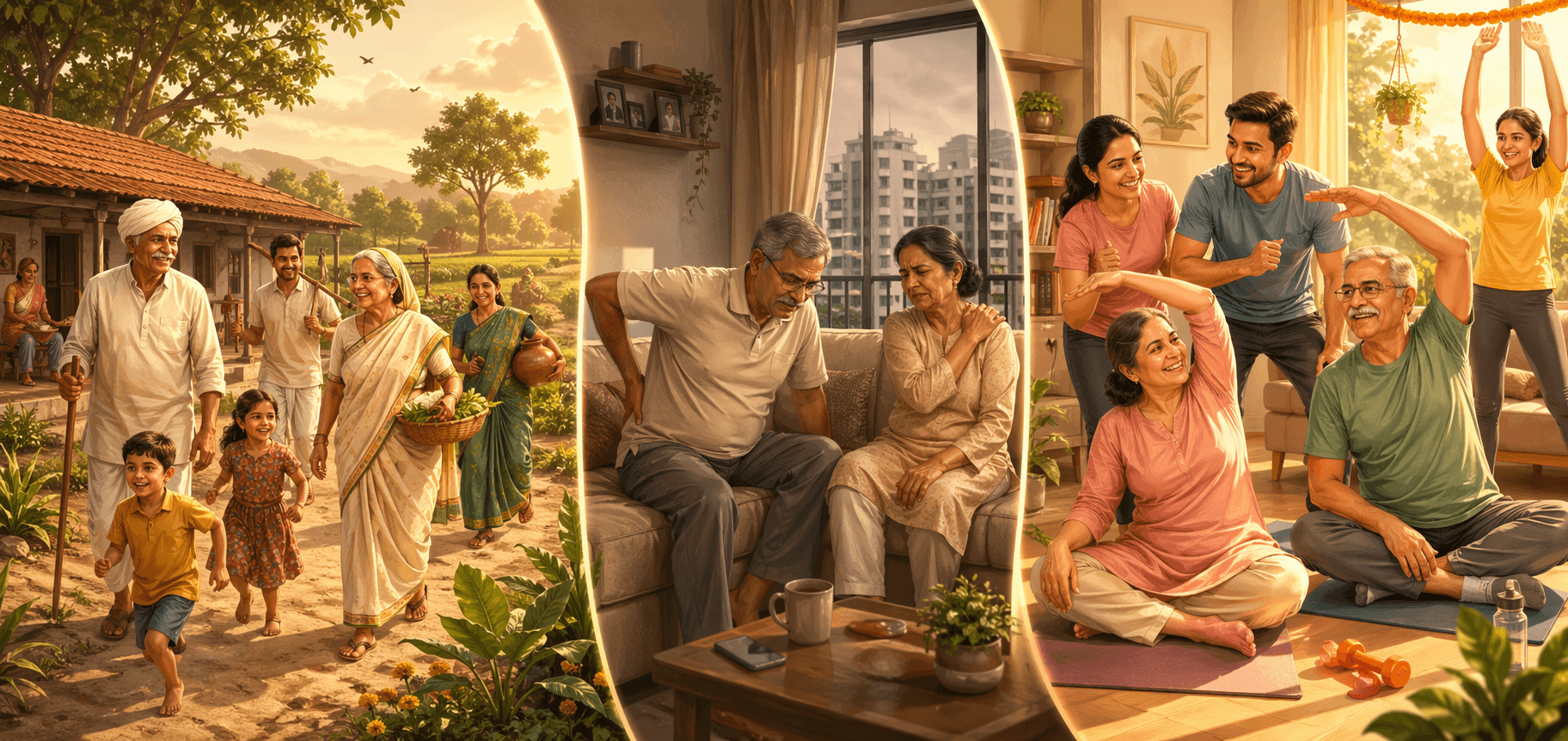 Storytelling illustration showing Indian joint family life, modern city flat life, and happy parent fitness connection with adult children